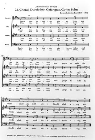 Notenblatt des Chorals Nr. 22 „“Durch Dein Gefängnis, Gottes Sohn“